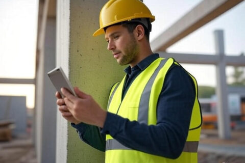 Technicien BTP qui analyse les éléments de structure sur un chantier