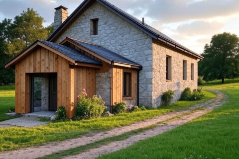 maison en pierres avec une extension en bois