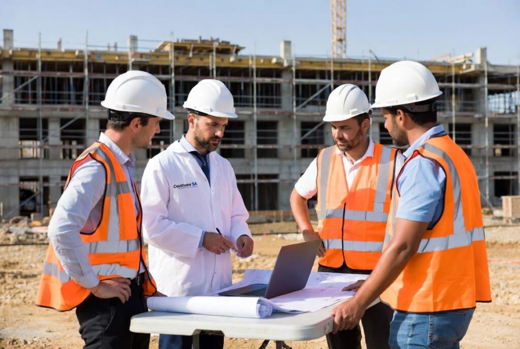 Direction de travaux et réunion de chantier avec ingénieur et entreprises de travaux
