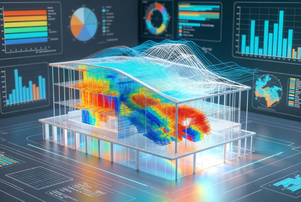 illustration d'une simulation multi-physique d'un bâtiment avant sa construction