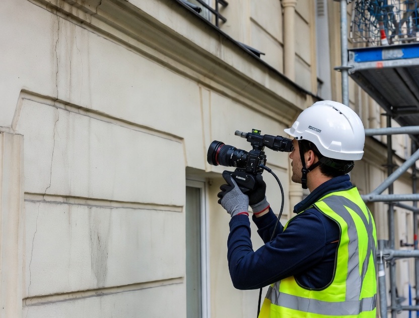 Ingénieur structure de chez Construire SA réalisant un diagnostic de façade d'immeuble
