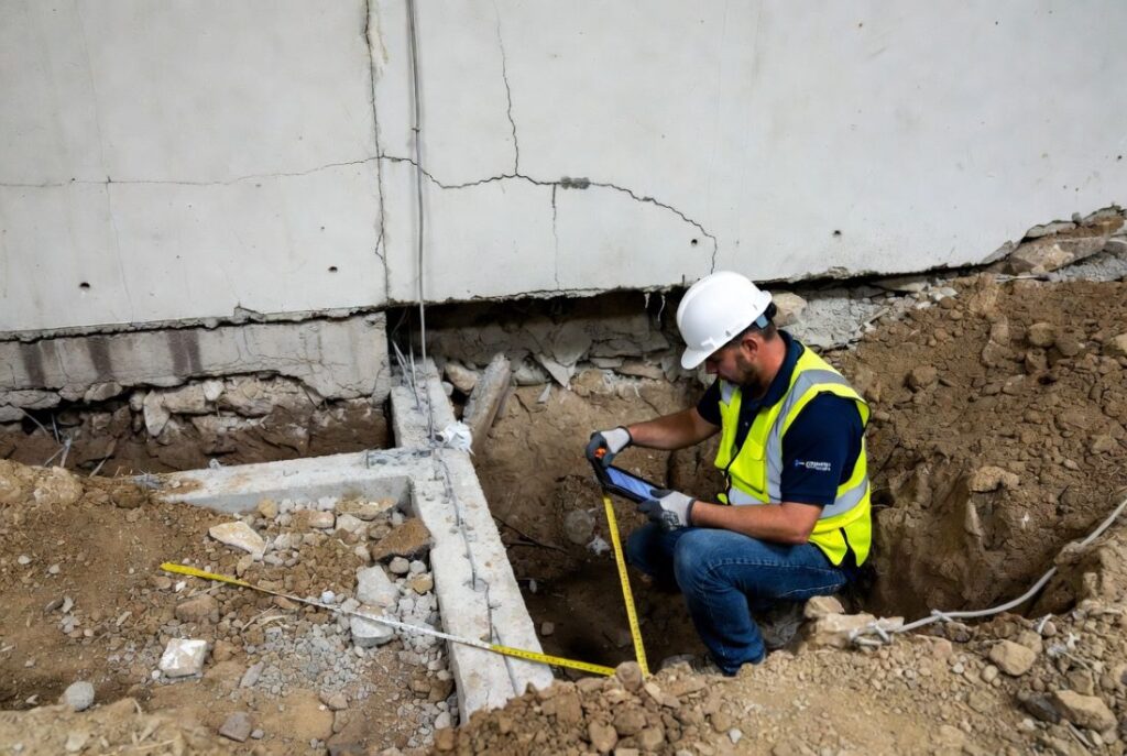 Diagnostic des fondations par Construire SA : technicien en inspection dans une tranchée au pied du bâtiment