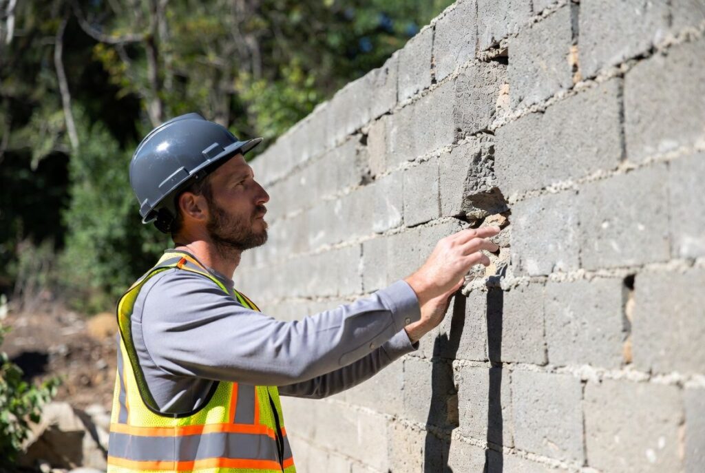 Diagnostic de muret de soutènement : expert inspectant un mur de soutènement en parpaing
