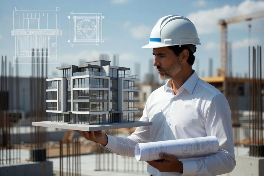 Ingénieur structure examinant un modèle de bâtiment résidentiel sur un chantier en France.