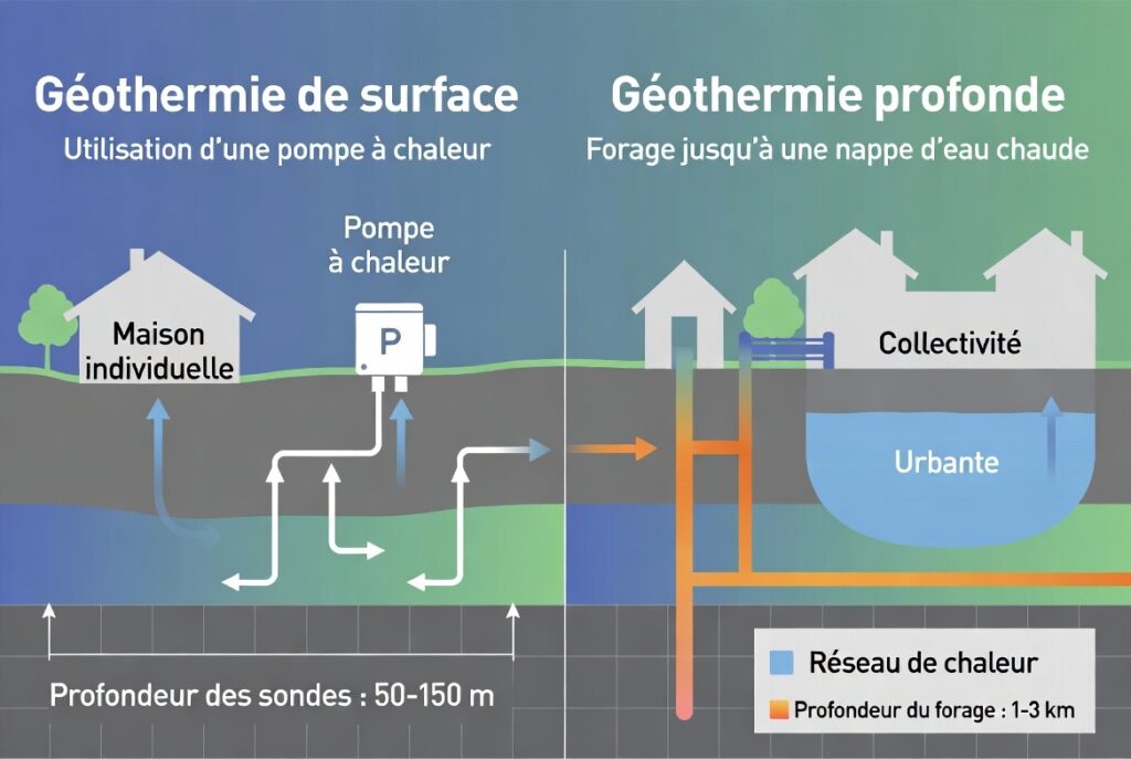 Géothermie profonde vs surface : schéma comparatif des installations - Construire SA