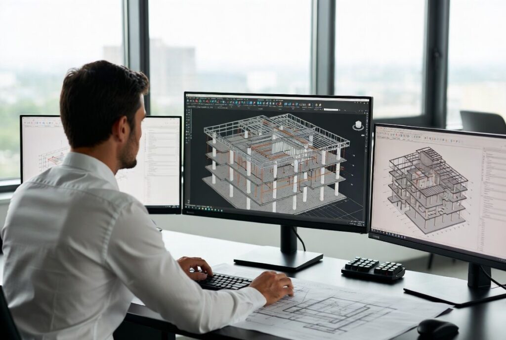 Ingénieur travaillant sur une étude structure obligatoire avec modélisation 3D BIM et plans techniques dans un bureau d’études