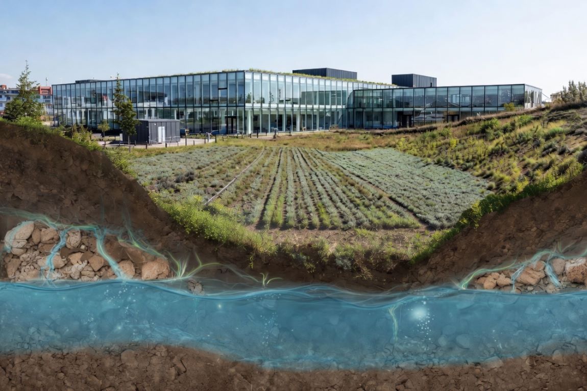 Installation géothermique sur nappe phréatique – Vue en coupe d’un bâtiment tertiaire captant l’énergie du sous-sol