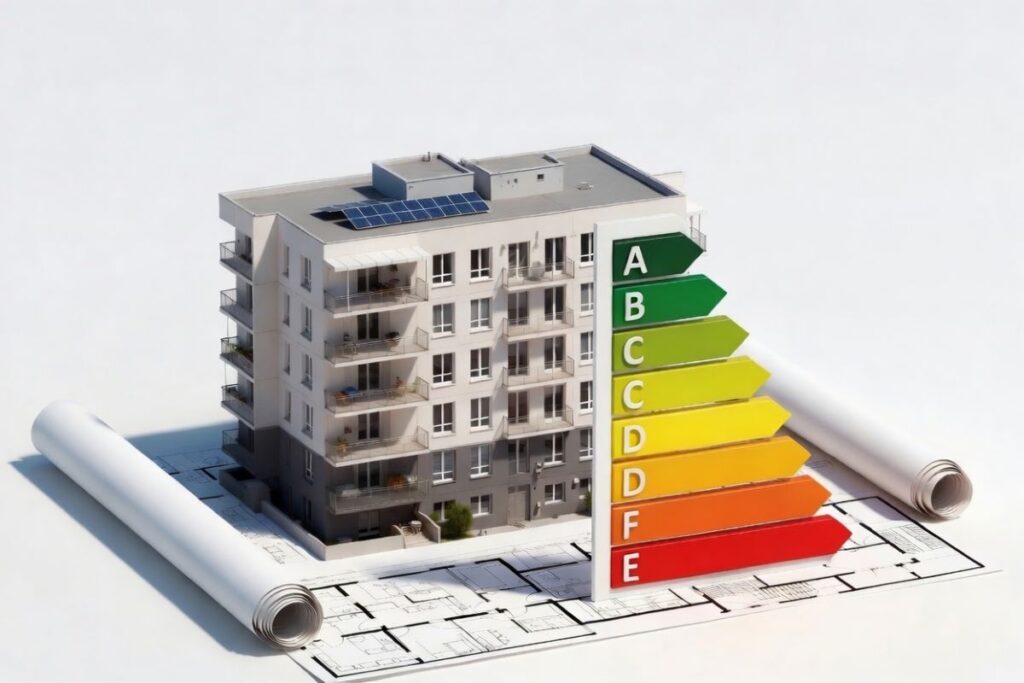 Audit énergétique bâtiment résidentiel : maquette 3D d’immeuble d’habitation avec échelle de performance énergétique DPE et plans architecturaux