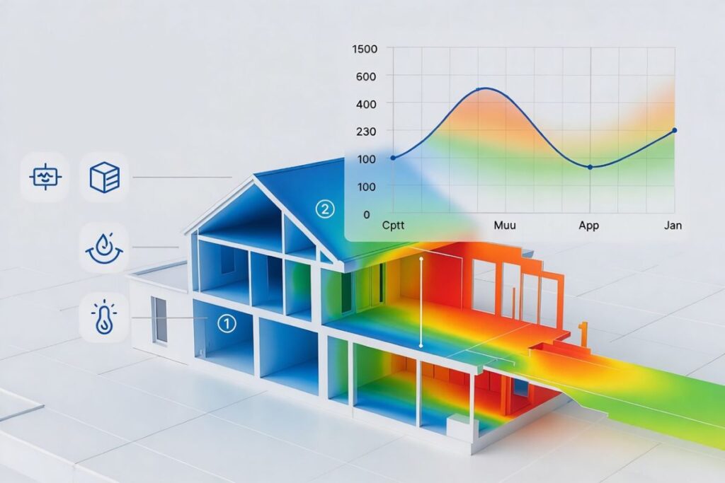 Simulation thermique dynamique : modélisation 3D d’un bâtiment pour performance énergétique.