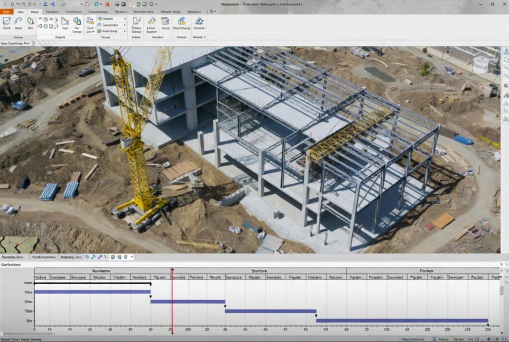 Planification 4D : interface BIM avec maquette 3D de chantier et timeline