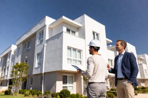 Ingénieur et acheteur discutant devant un immeuble moderne lors d’une expertise avant acquisition