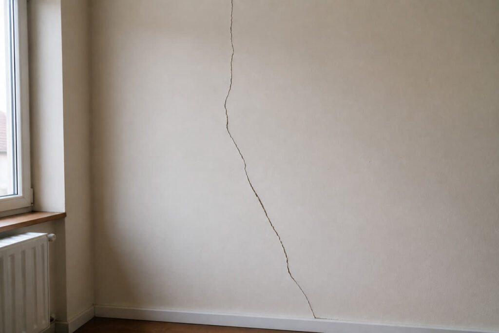 Fissure traversante sur un mur intérieur de maison, jour visible, à faire diagnostiquer