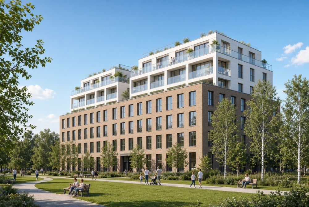 Surélévation d’immeuble en brique avec étages blancs, terrasses et parc urbain