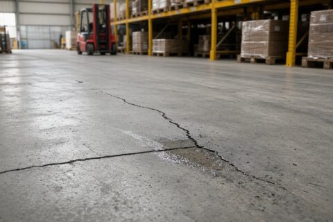 Affaissement dallage : fissure et joint décalé sur un dallage béton d’entrepôt industriel.