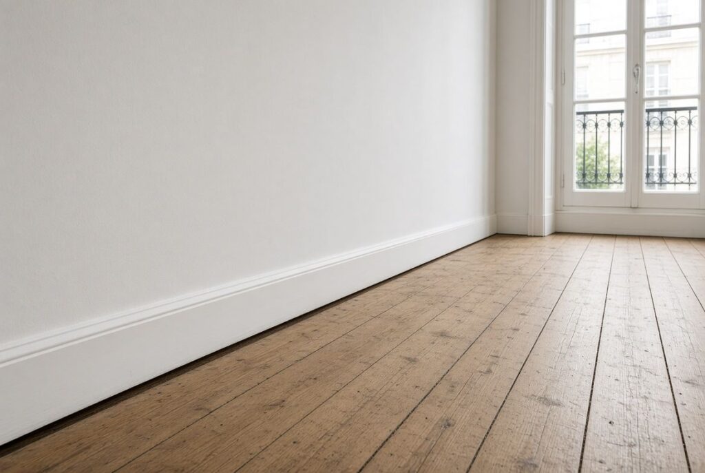 Plancher qui fléchit : jour entre le parquet et la plinthe d’une pièce ancienne