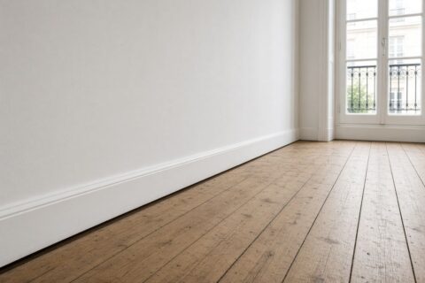 Plancher qui fléchit : jour entre le parquet et la plinthe d’une pièce ancienne