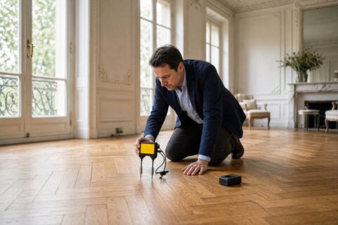 Ingénieur mesurant un plancher bois qui vibre avec un chronomètre de précision